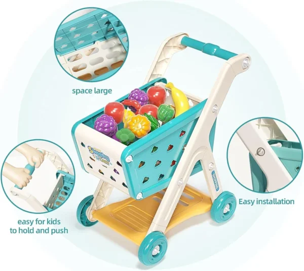 Kids Shopping Cart Trolley Play Set with Pretend Food and Accessories,Toy Shopping Cart Trolley for Kids Baby with Play Foods, Grocery Shopping Cart Playing Pretend Games - Image 4
