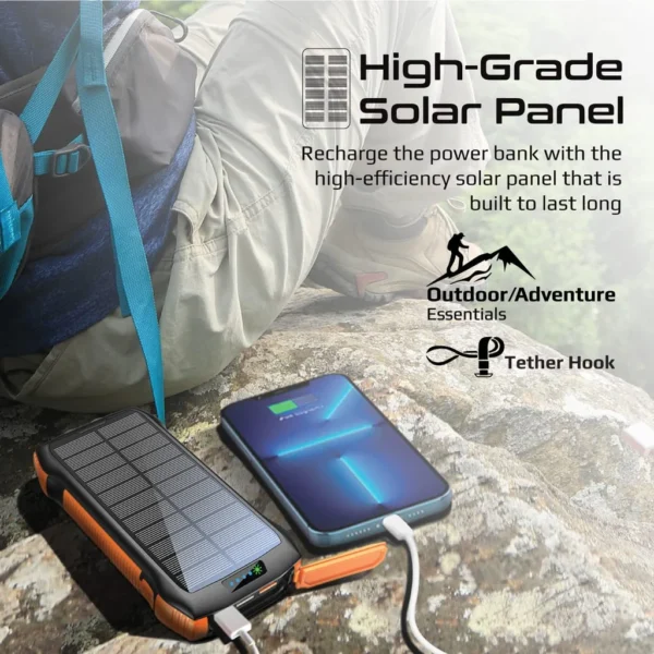 20000mAh Power Bank, Solar Powered Portable Charger with Wireless Charging, USB-C Power Delivery Port, QC 3.0 Port, 5V/3A USB Ports, IP66 Protection and LED - Image 3