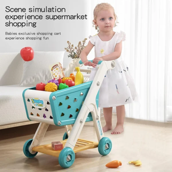 Kids Shopping Cart Trolley Play Set with Pretend Food and Accessories,Toy Shopping Cart Trolley for Kids Baby with Play Foods, Grocery Shopping Cart Playing Pretend Games - Image 3